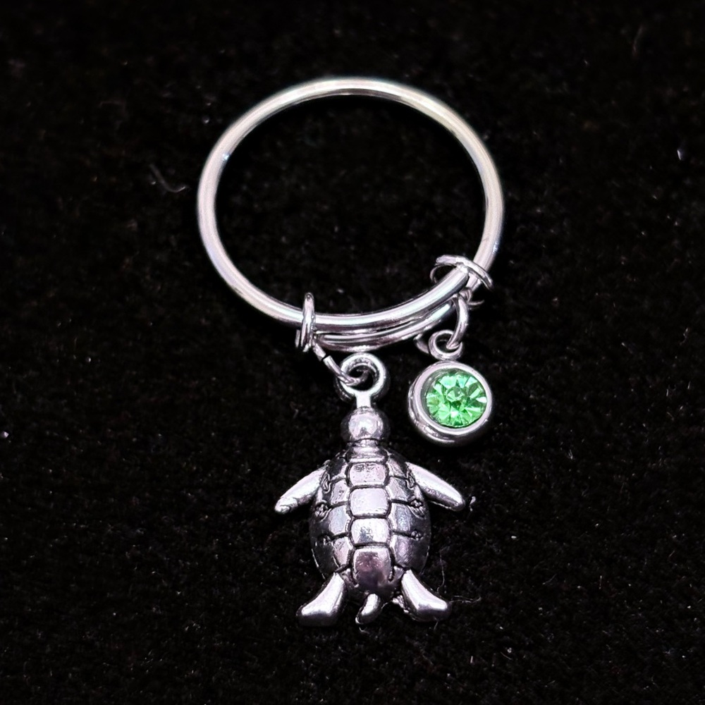 Turtle charm dangle ring with birthstone charm